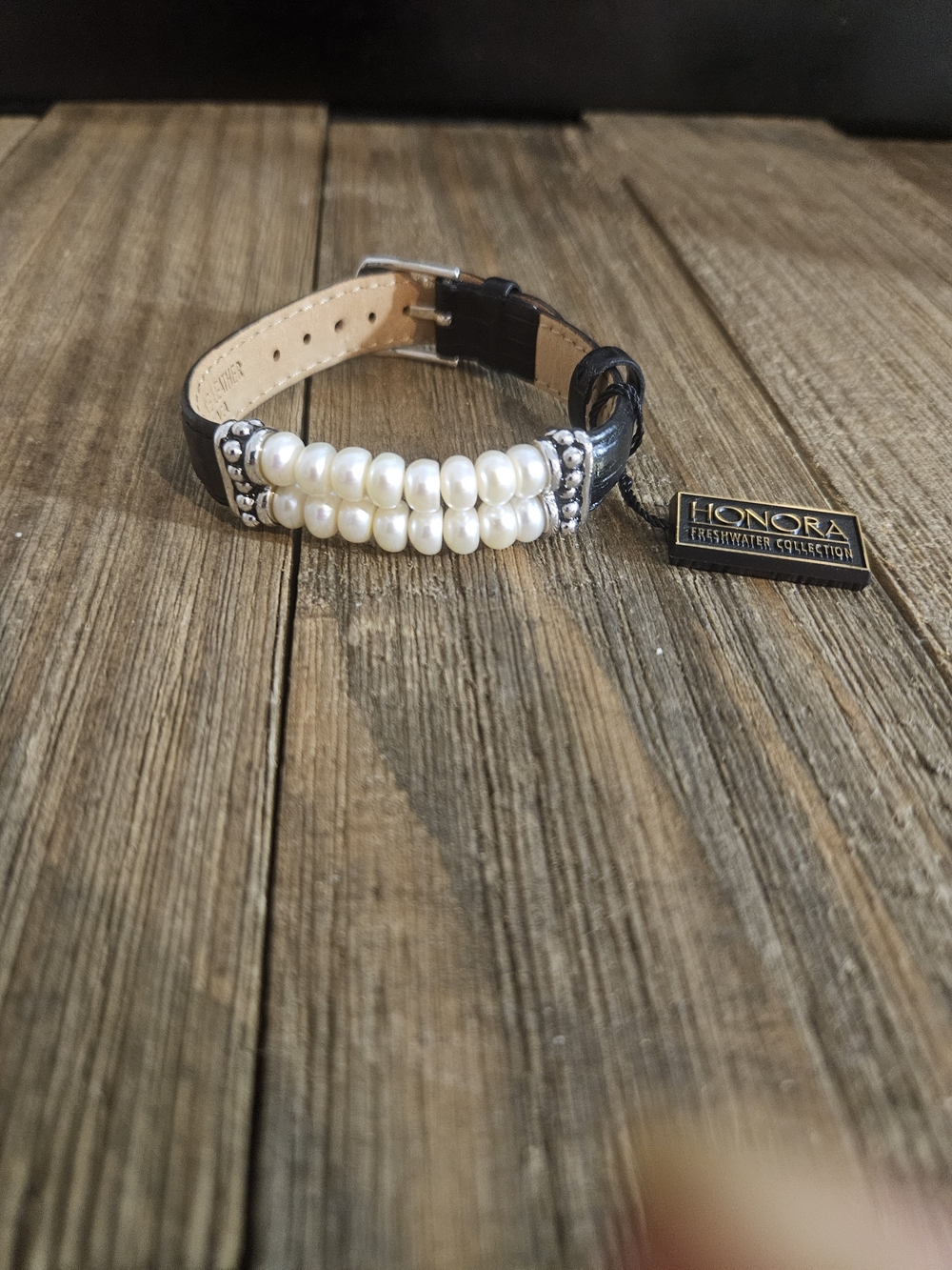 Honora Black Leather Bracelet with White Freshwater Pearls